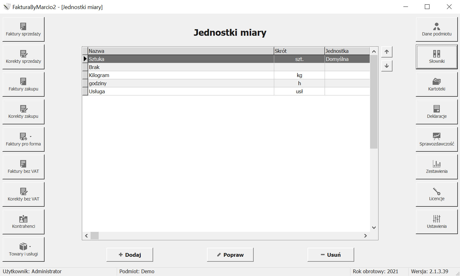 Program do faktur - jednostki miary