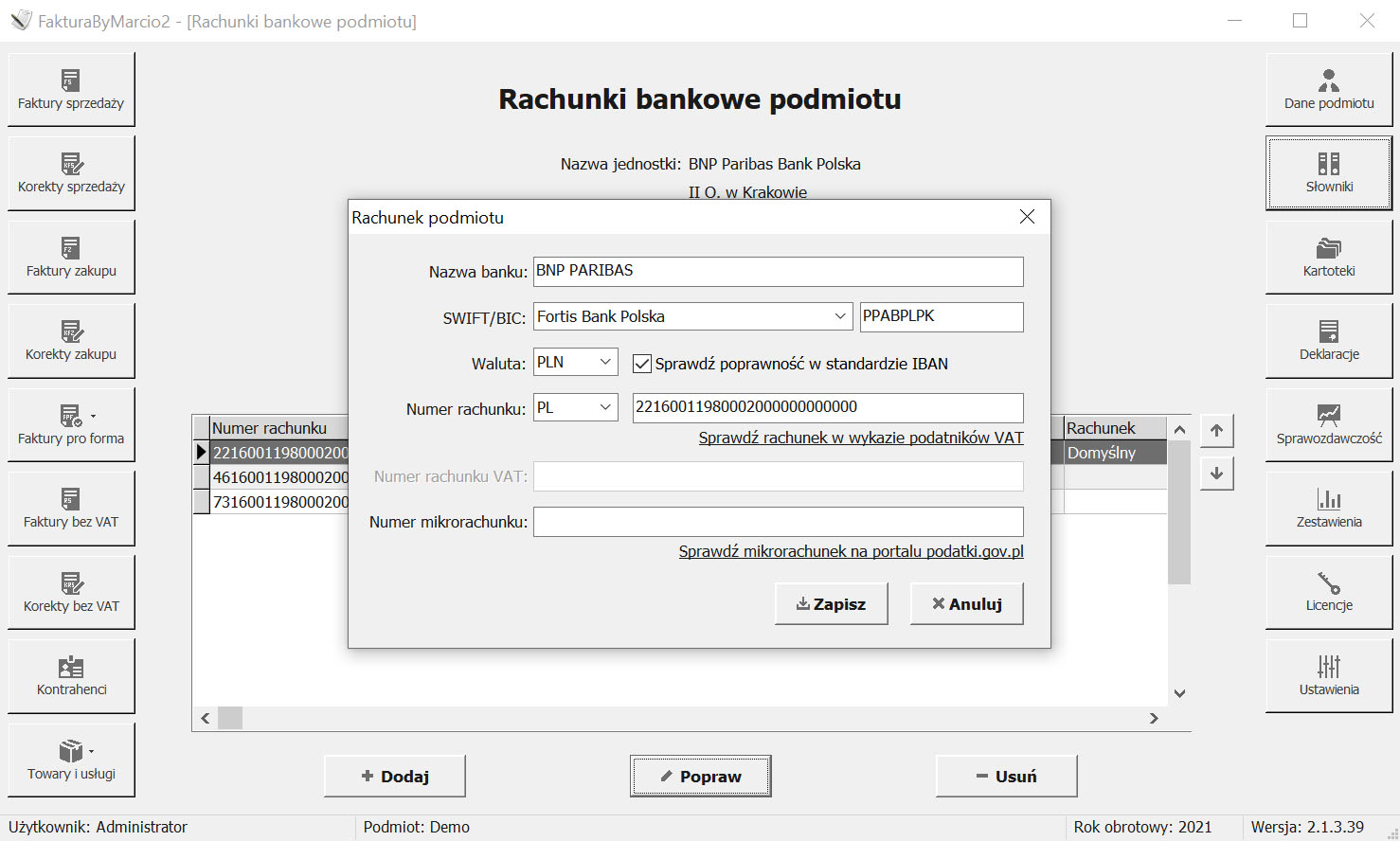 Program do faktur - rachunki bankowe