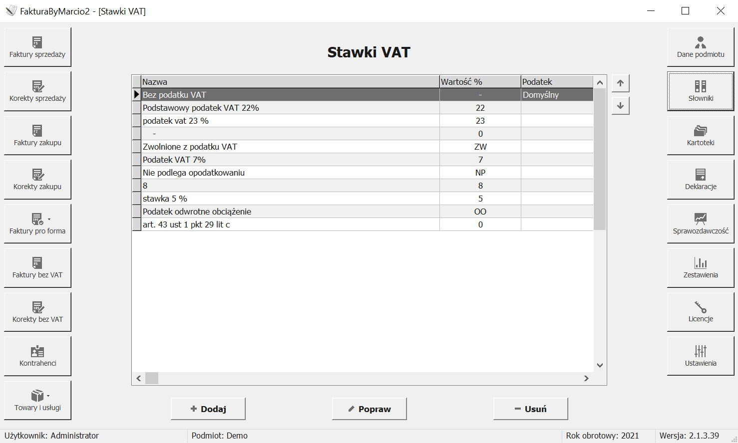 Program do faktur - stawki VAT